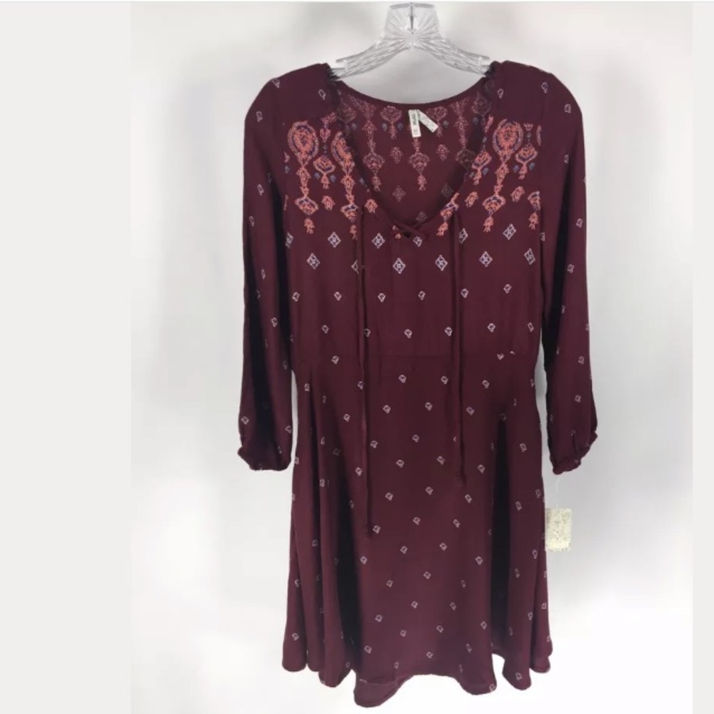 🌿Mudd Dress Tunic Burgundy Tie 3/4 Sleeve